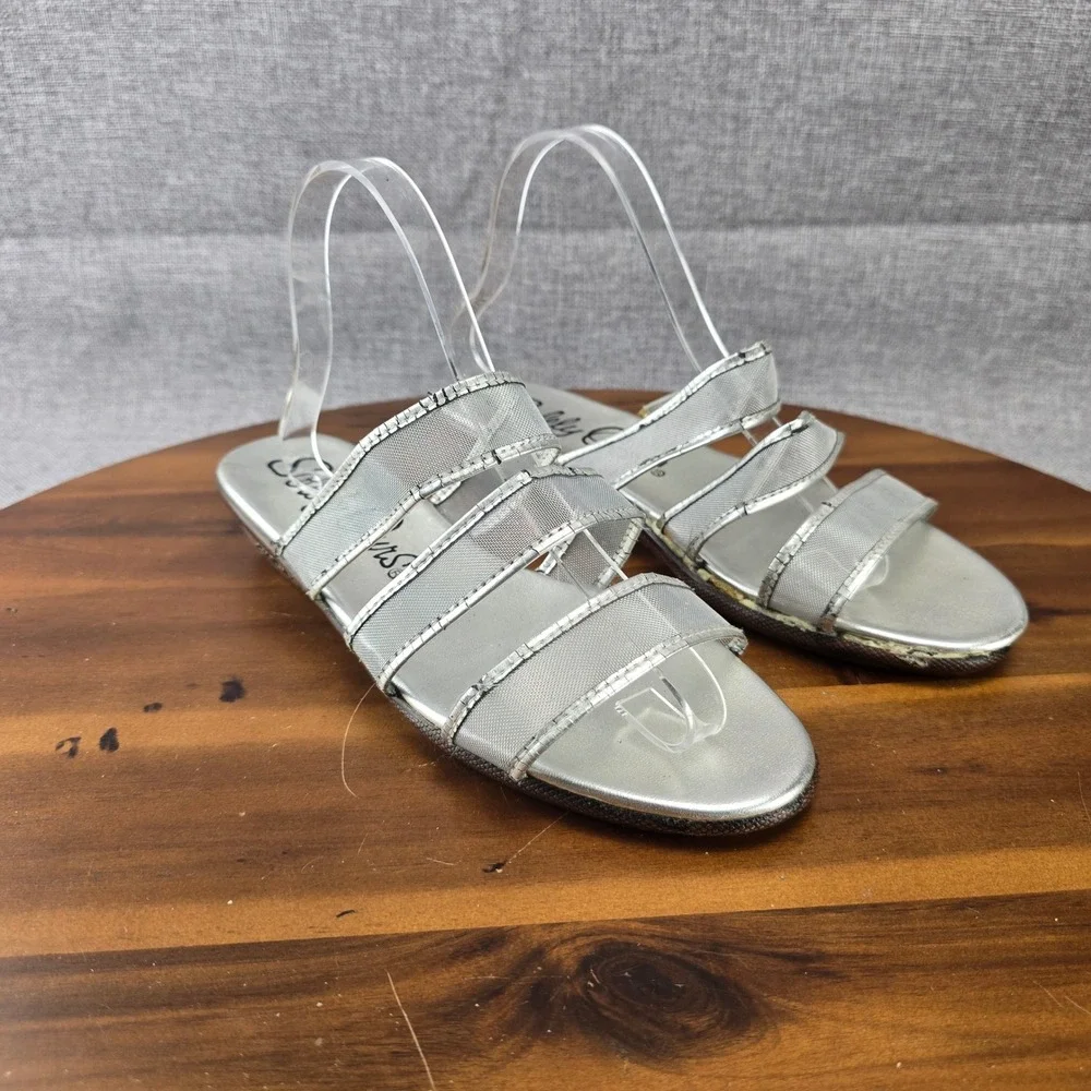 Solely Ours Vintage Silver‎ Mesh Strappy Slide Sandals Size 10 Taiwan